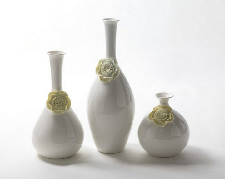 现代中式捏粉黄花白色酒壶型花瓶 光釉陶瓷装饰瓶 样板房别墅摆件