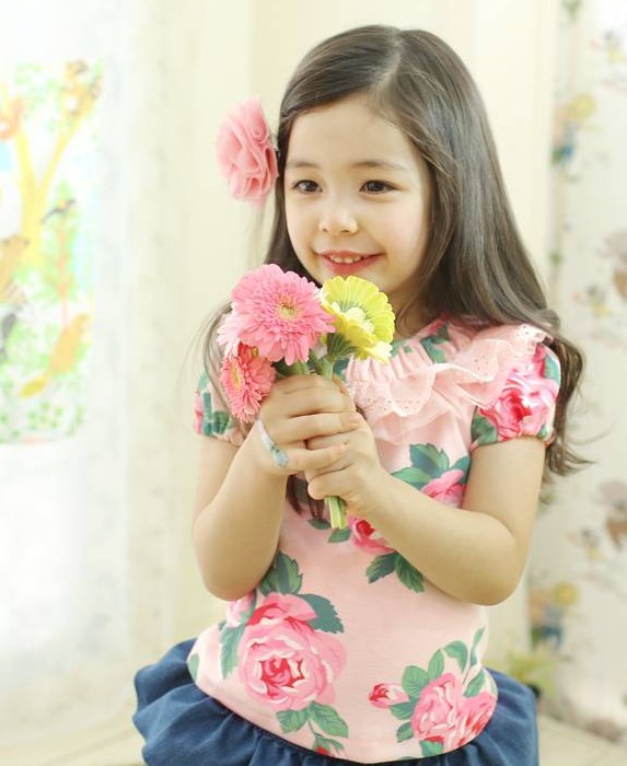韩国童装女童2015夏装新款蕾丝纱边围领花朵可爱T恤 儿童短袖上衣