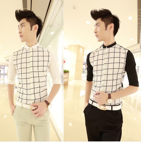 发型师夏装潮流韩版男士修身七分袖衬衫格子条纹短袖小领中袖衬衣