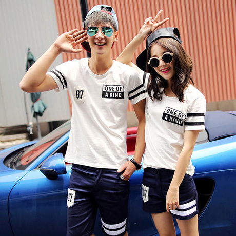情侣装夏季2015韩版新款女大码短袖t恤衫棉宽松字母印花套装班服