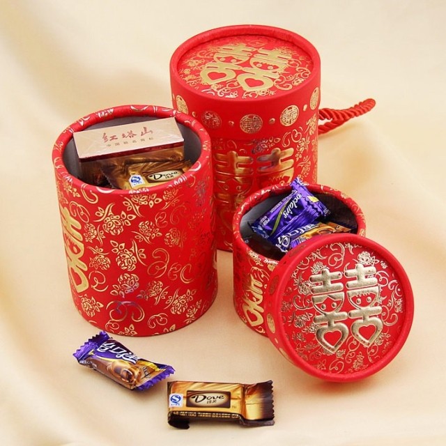 高档烫金喜糖盒子 中式创意浮雕糖果盒 订婚/结婚纸圆筒 双喜糖盒