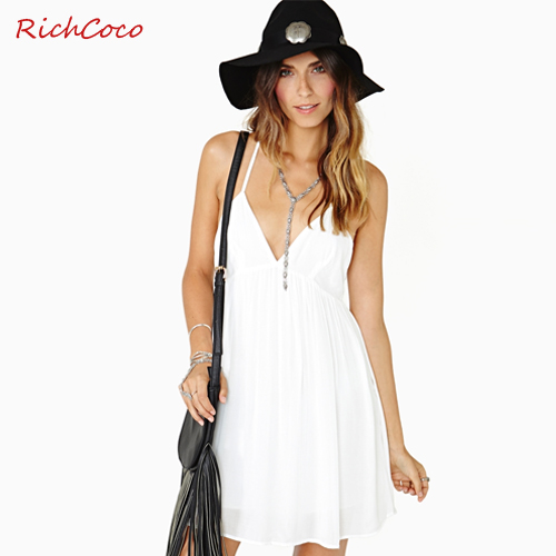 欧美风时尚清新白色吊带连衣裙雪纺高贵大方包邮，RichCoco D160