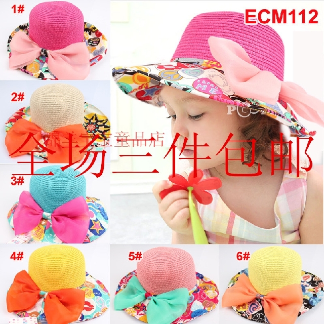 ECM112 爆款14新款韩版儿童大沿帽花朵蝴蝶结草帽渔夫沙滩帽