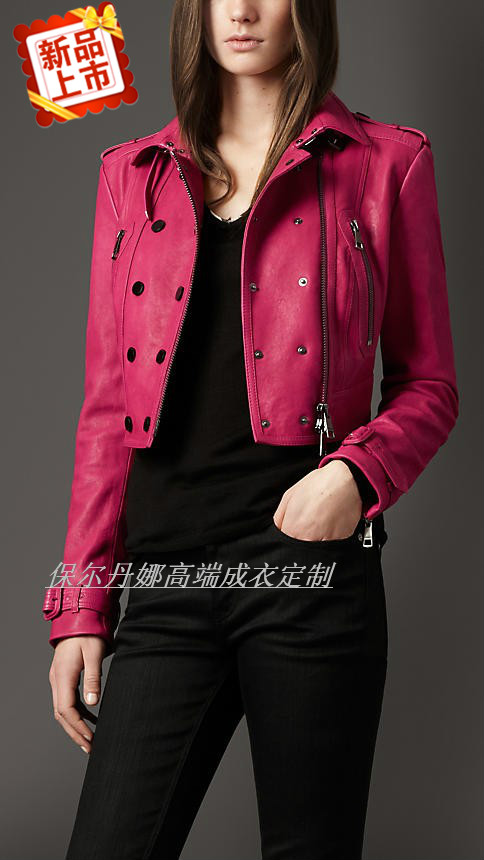 保尔丹娜高端定制新款艳丽的桃红色进口绵羊皮真皮女装短款外套