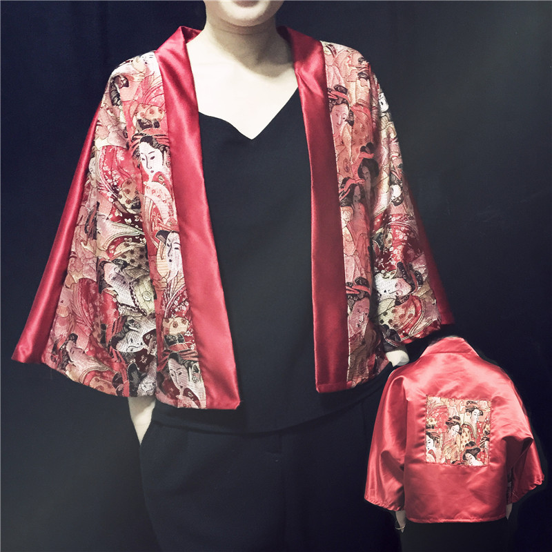 原创设计自制日本和风日式阔袖和服复古宽松印花拼接开衫短外套