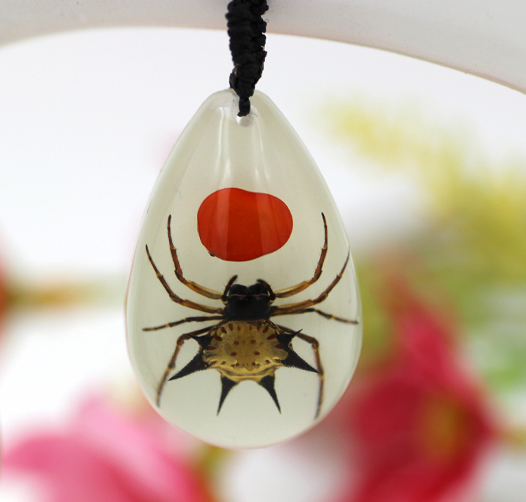 真昆虫红豆角蜘蛛琥珀创意吊坠  夜光个性装饰品 人工琥珀项链