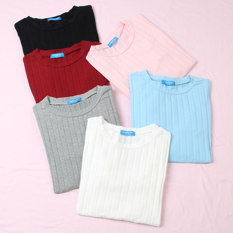韩国2015秋冬装修身纯色竖条纹短款纯棉长袖T恤女士圆领上衣打底