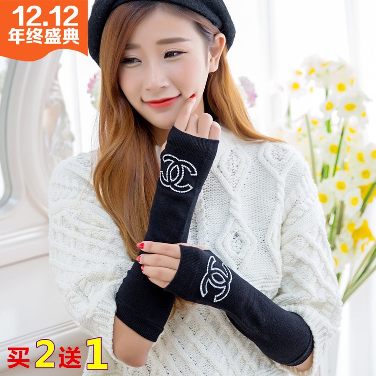 手套学生冬季长款针织半指手套 女士韩版带钻保暖毛线露指手套秋