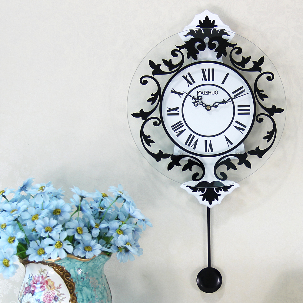 迈卓 欧式时钟客厅静音创意时尚挂钟钟表田园时钟摇摆挂表壁钟