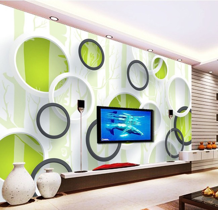 无缝3D壁纸现代大型壁画 电视背景墙壁纸 客厅卧室无纺布绿色圈圈