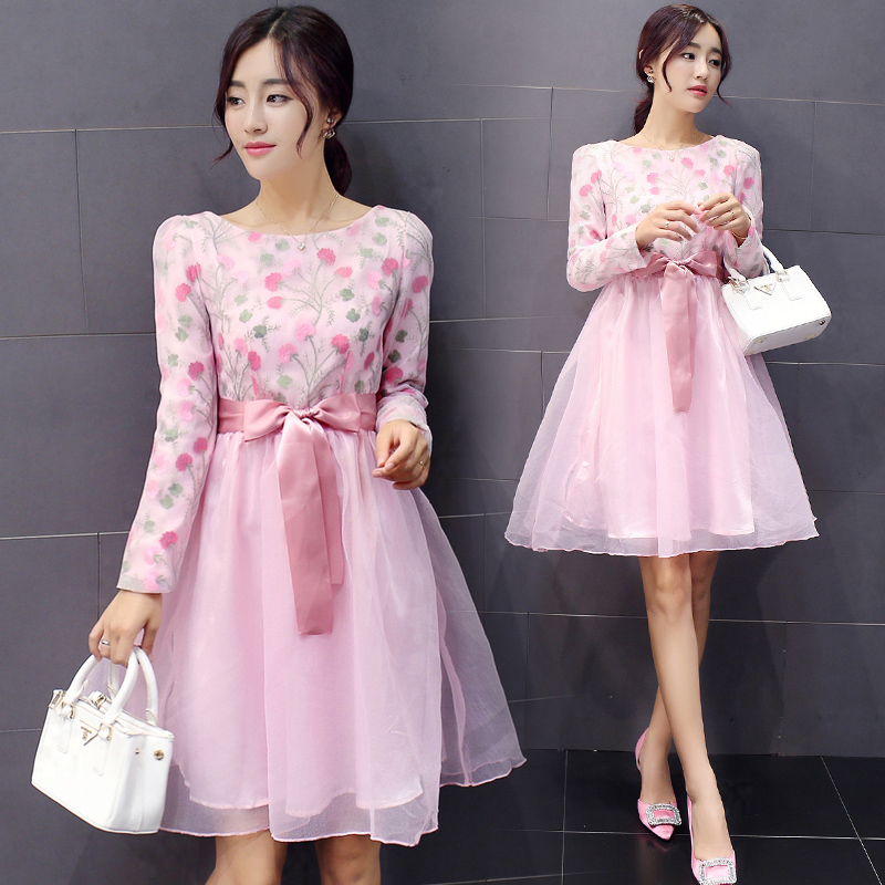 2015秋新款女装甜美印花连衣裙韩版中长款修身系带显瘦裙子