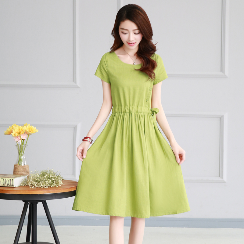2015夏季新款韩版圆领修身显瘦大摆裙 中长款系带圆领短袖连衣裙