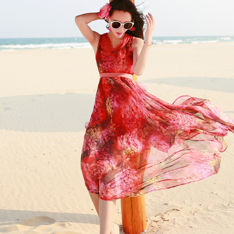 2015春夏装新款雪纺蕾丝拼接背心l连衣裙印花女海边度假沙滩长裙