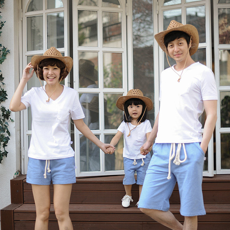 2016夏天纯棉白色V领短袖T恤韩版亲子装一家三口纯色套装情侣家庭