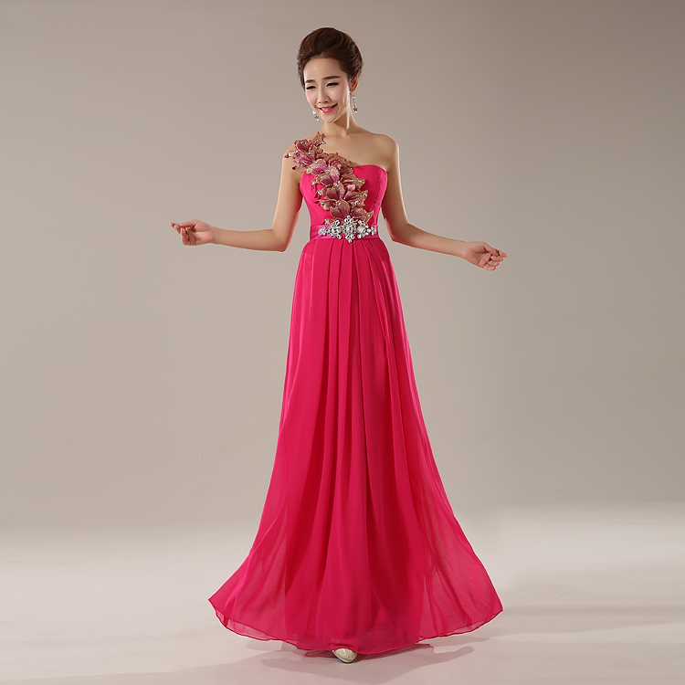 单肩玫红色晚礼服2016年新款韩版修身长款表演主持礼服聚会伴娘服