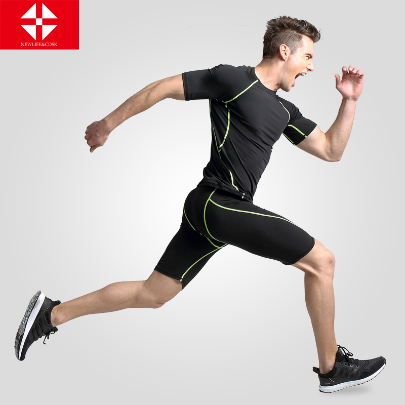 夏季男子运动压缩衣速干短袖T恤跑步训练紧身衣弹力健身衣套装