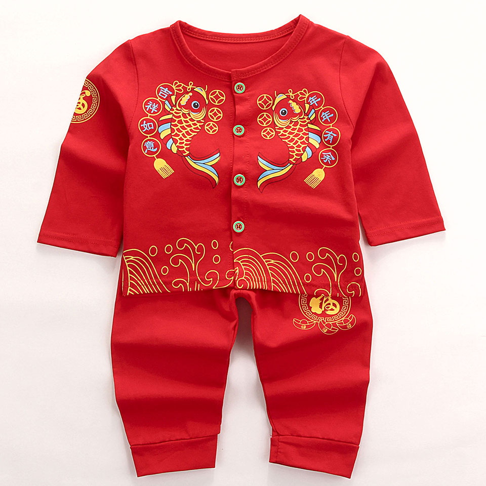 婴儿唐装套装 宝宝空调服 红色唐装喜庆唐装满月百天周岁服装礼服
