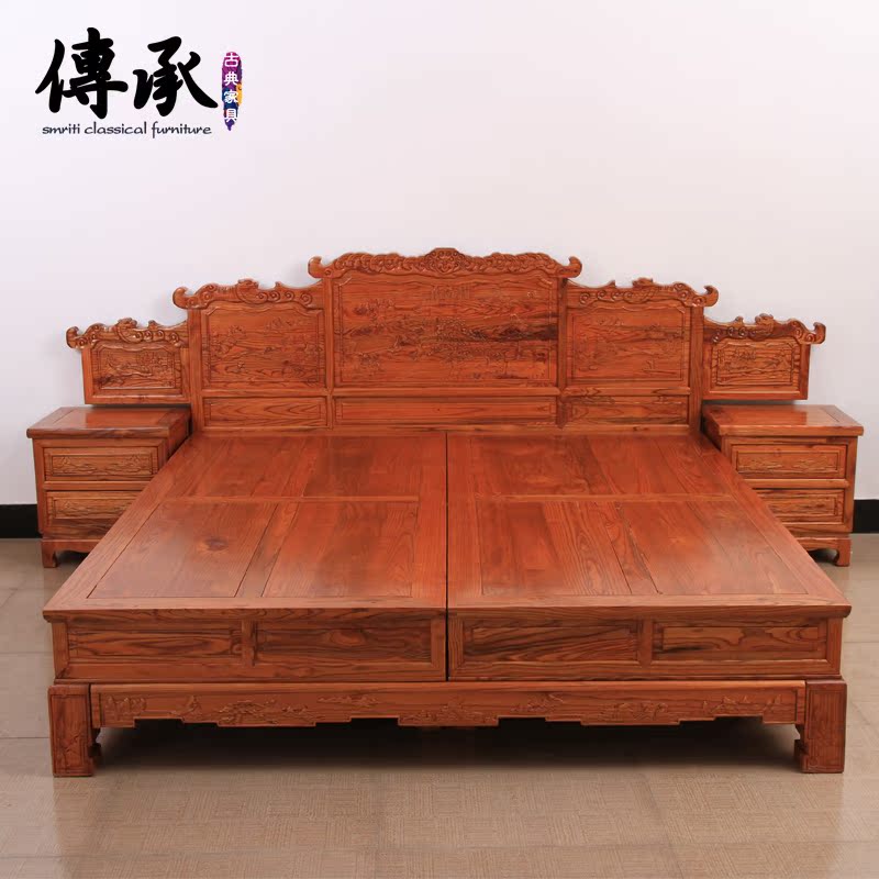 住宅家具榆木床头柜 明清实木床1.8仿古中式家具双人床特价促销