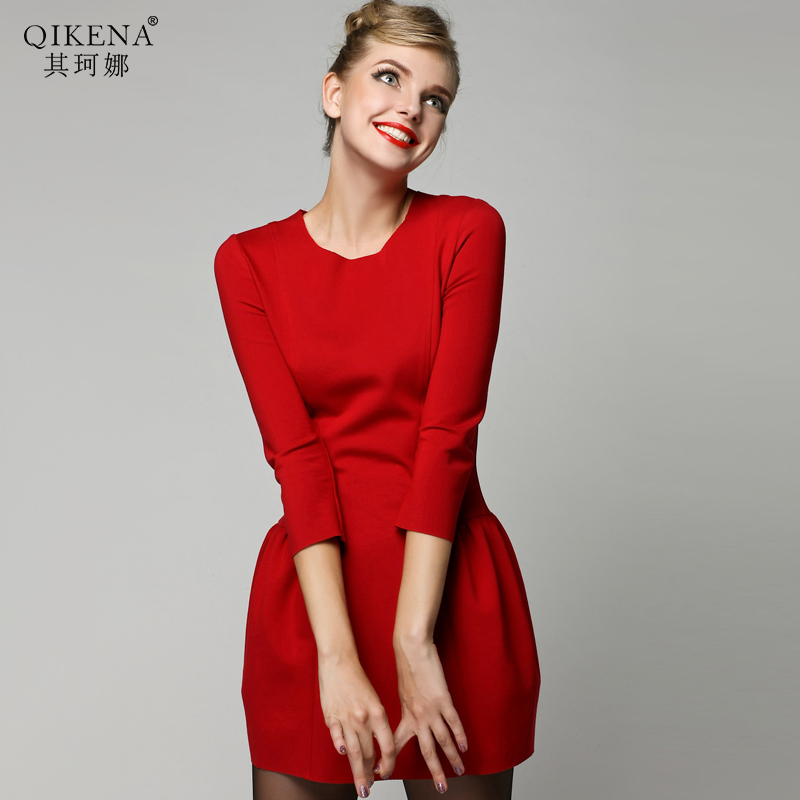 欧美大牌2014早秋新款 红色复古修身气质显瘦A字裙连衣裙