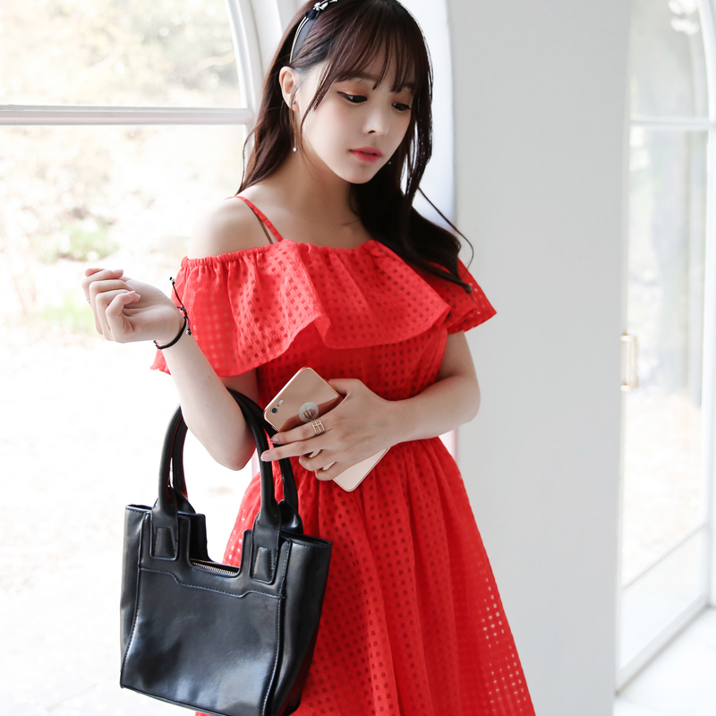 大红色裙子夏装新款韩版高腰甜美修身短袖红色露肩吊带公主连衣裙