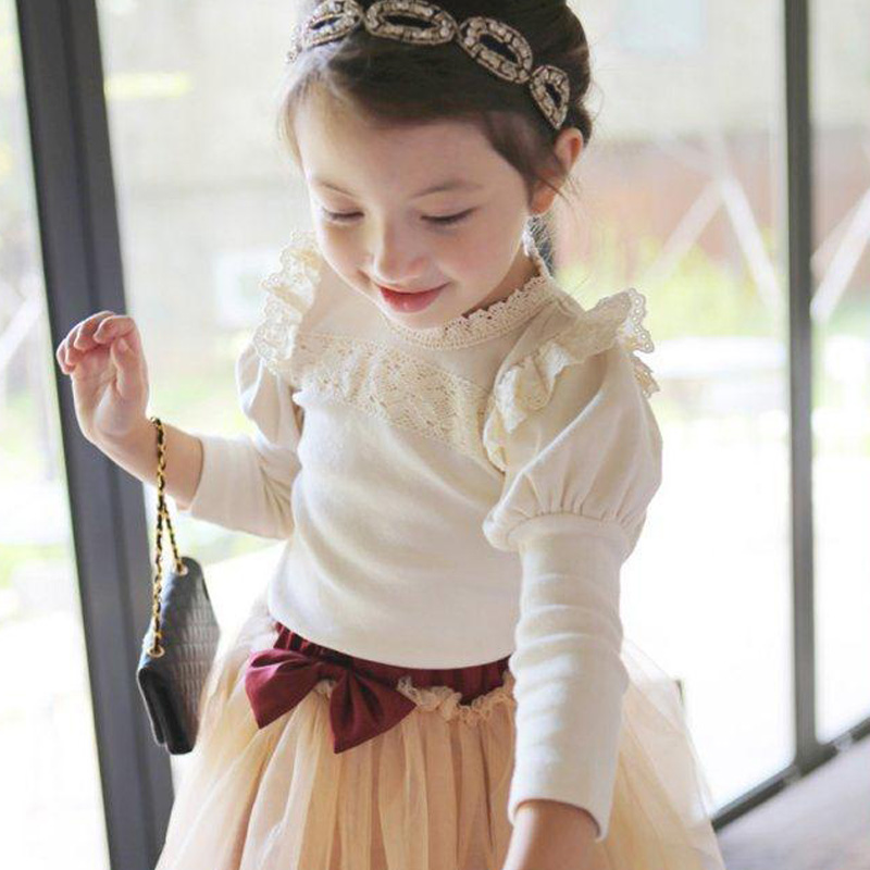 韩国童装2015春秋装公主蕾丝泡泡袖女童纯棉加绒打底衫长袖T恤