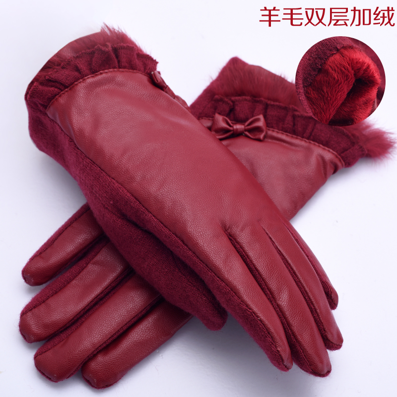 上海故事 秋冬双层加绒加厚羊毛手套 超柔优雅显瘦保暖皮手套