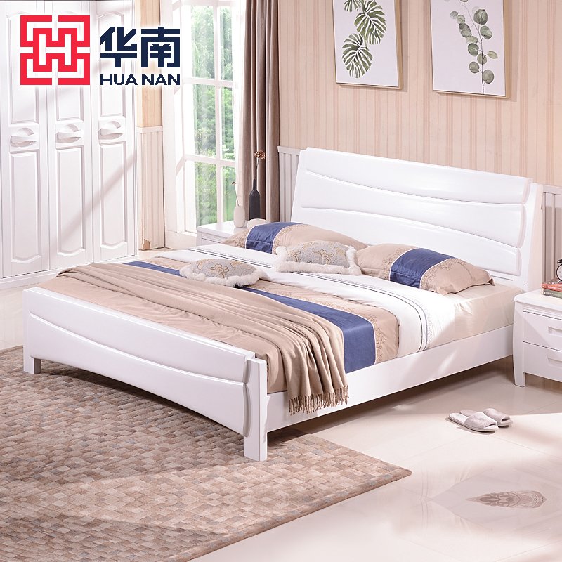 华南家具 白色实木床1.8米双人床1.5米木床卧室床铺高箱储物床