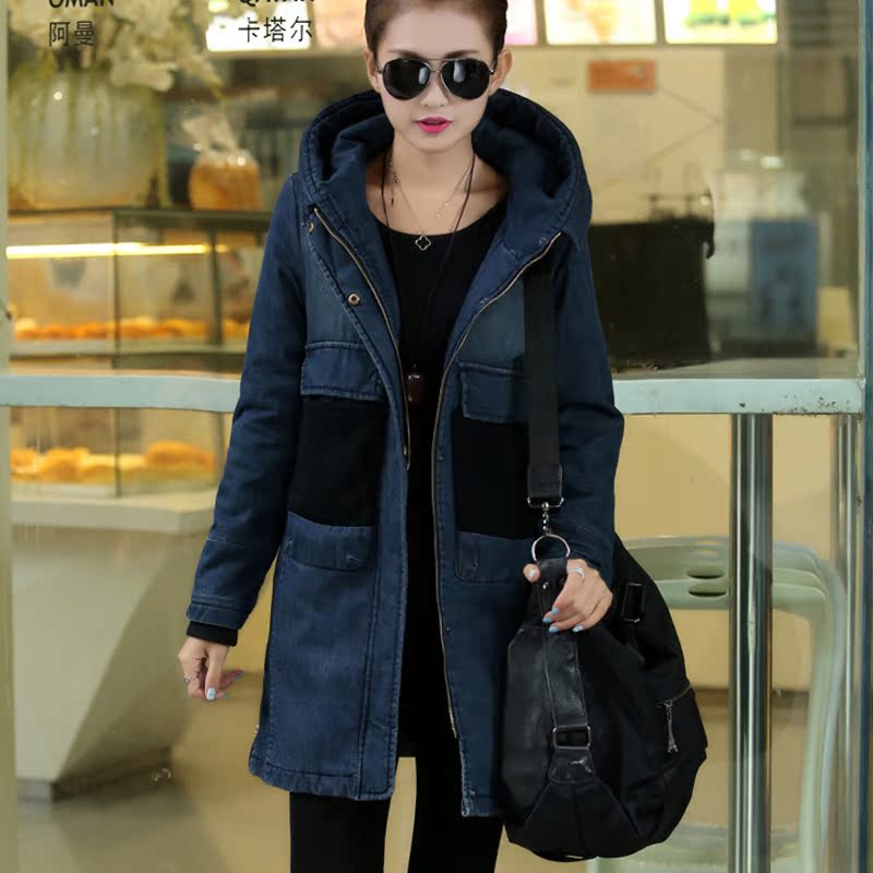 2014新款冬装韩版女士大码宽松中长款大口袋牛仔棉衣外套加厚棉服