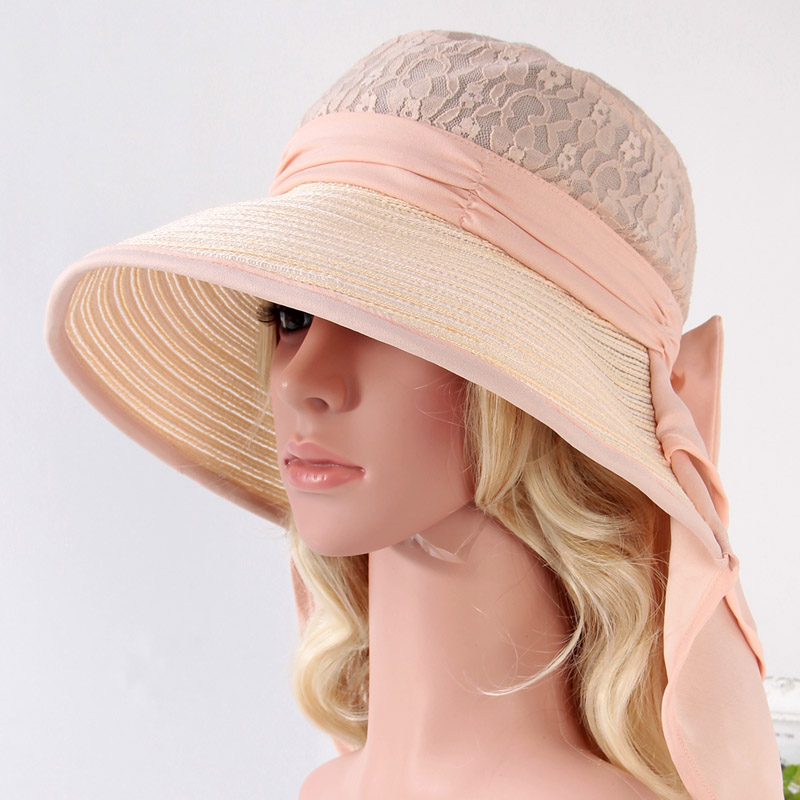 夏季女防晒帽子 可折叠大檐护颈面纱披巾 太阳帽防紫外线 遮阳帽