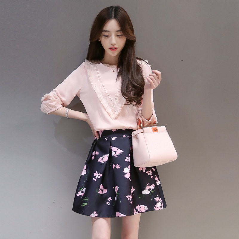 2016新款七分袖两件套连衣裙女时尚韩版印花修身套装裙