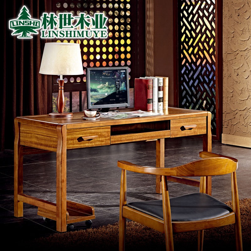 虎斑木实木转角电脑桌 实木连体书桌书架组合 中式书法桌