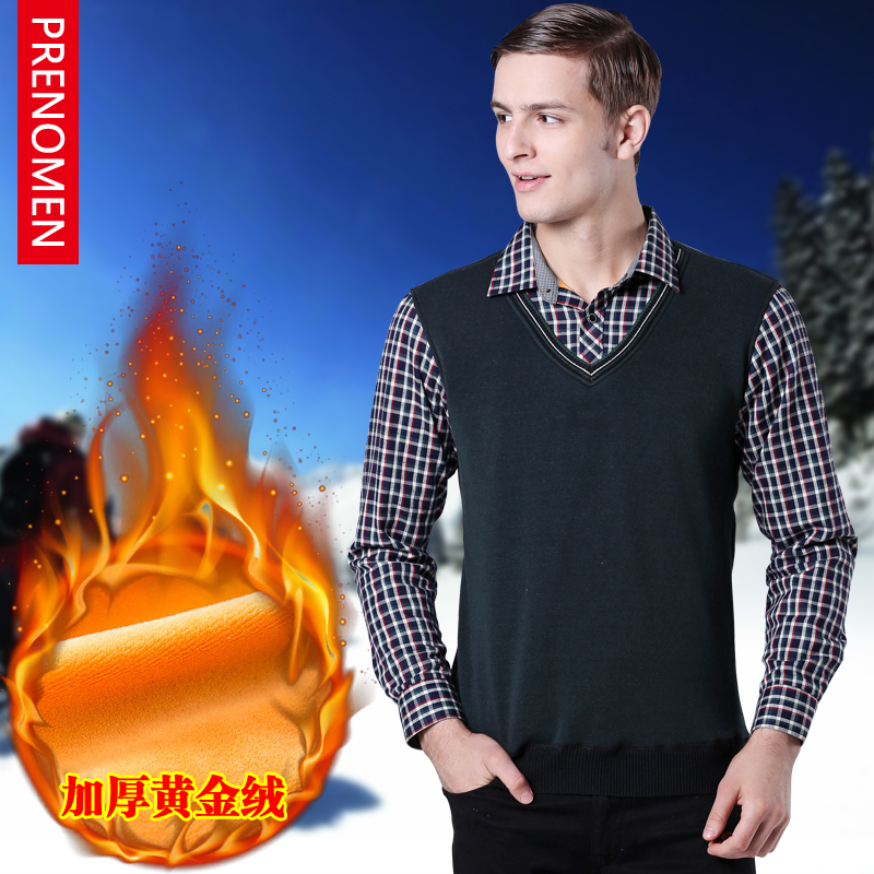 2015男装秋冬款加绒针织衫男士商务保暖衬衫假两件加绒加厚内衣