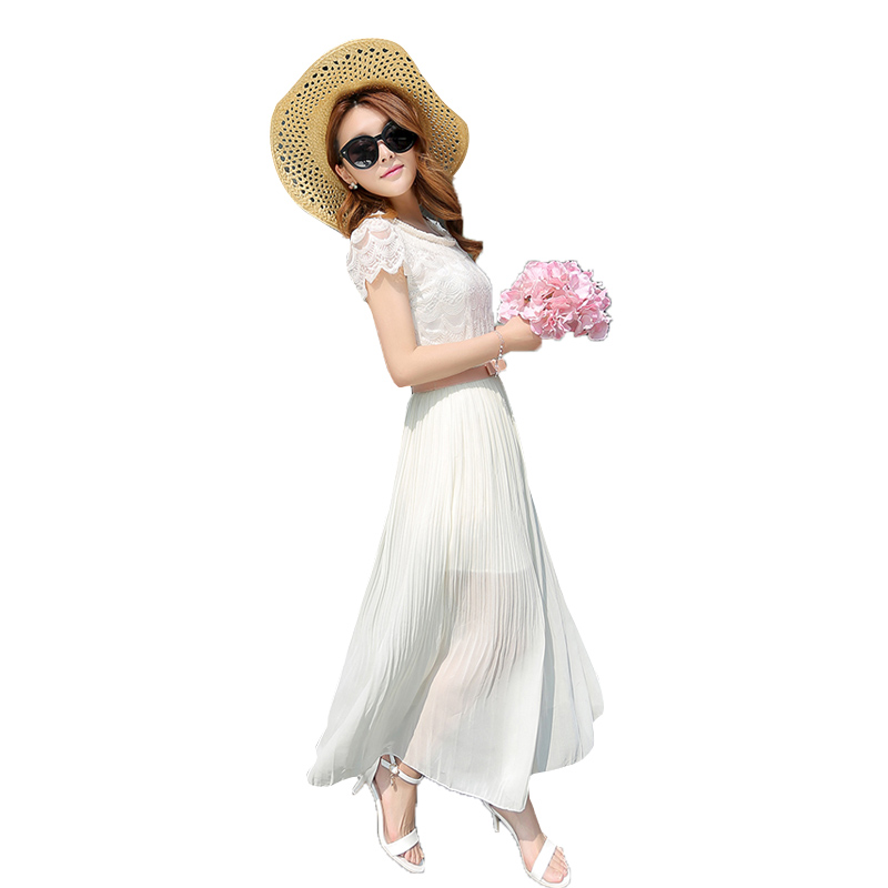 2015夏新款腰带橡筋时尚蕾丝雪纺拼接短袖连衣裙波西米亚长裙 女