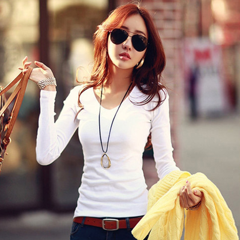 2015新款女装纯色打底衫韩版修身大码显瘦纯棉长袖t恤女
