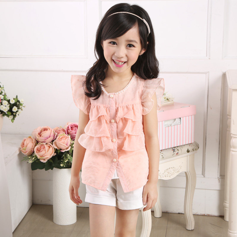 夏季童装新款2015女童女童衬衫韩版潮儿童短袖蛋糕雪纺衫