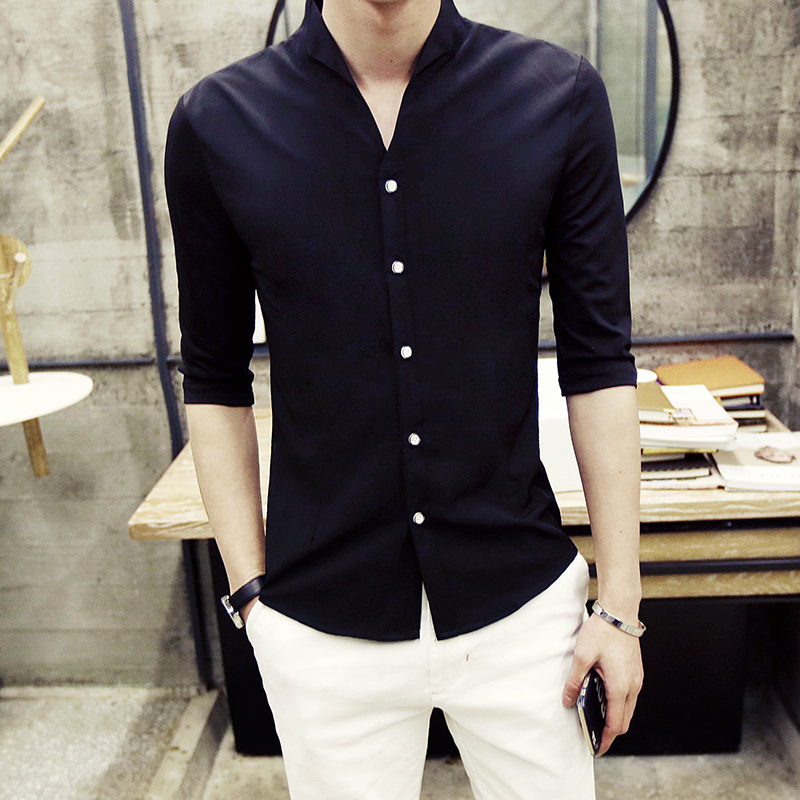 夏季韩版男士中袖衬衫男薄款七分袖衬衣修身休闲短袖寸衫纯色男装