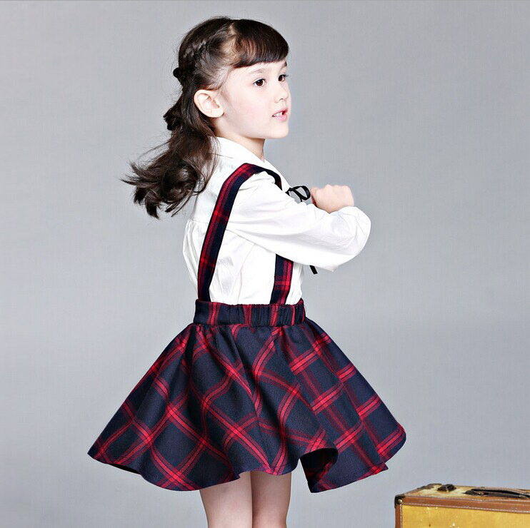 童装秋新款韩版女童可爱长袖连衣裙学院风衬衫格子背带短裙两件套