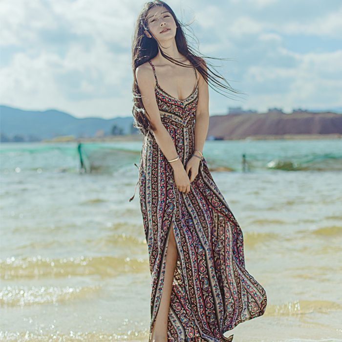 2016夏季新品棉麻抽象印花吊带露背系带连衣裙海边度假长裙沙滩裙