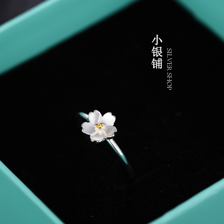 S925纯银戒指女2015新款樱花花朵开口戒指女可调节小清新银饰品