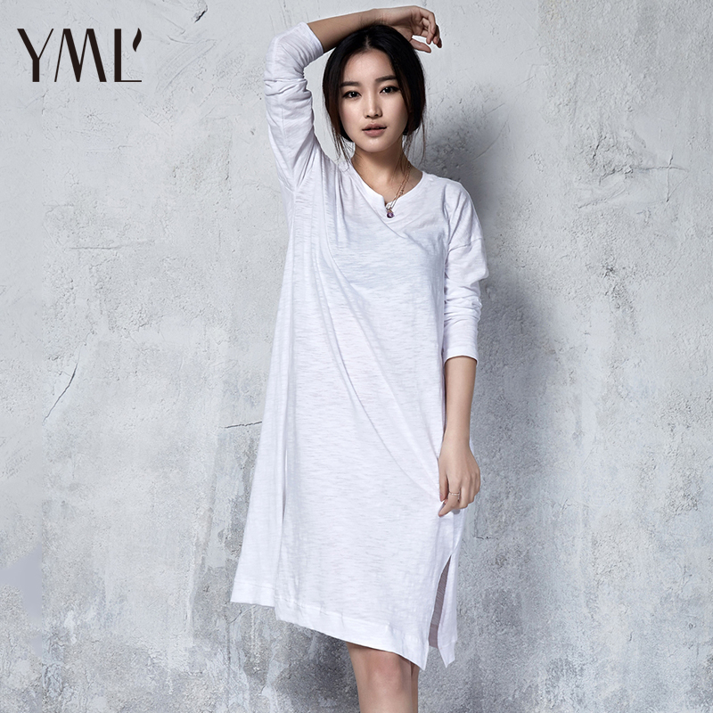 2015夏季通勤韩版女大码修身连衣裙 中长款白色长袖打底连衣裙
