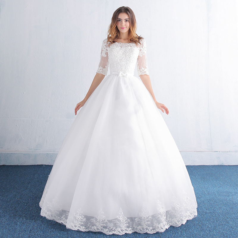 婚纱礼服齐地2015新款冬季新娘中袖一字肩蕾丝修身显瘦大码绑带钻
