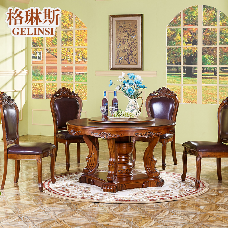 欧式纯实木圆餐桌 美式乡村全实木6人饭桌 桦木餐椅组合餐厅家具