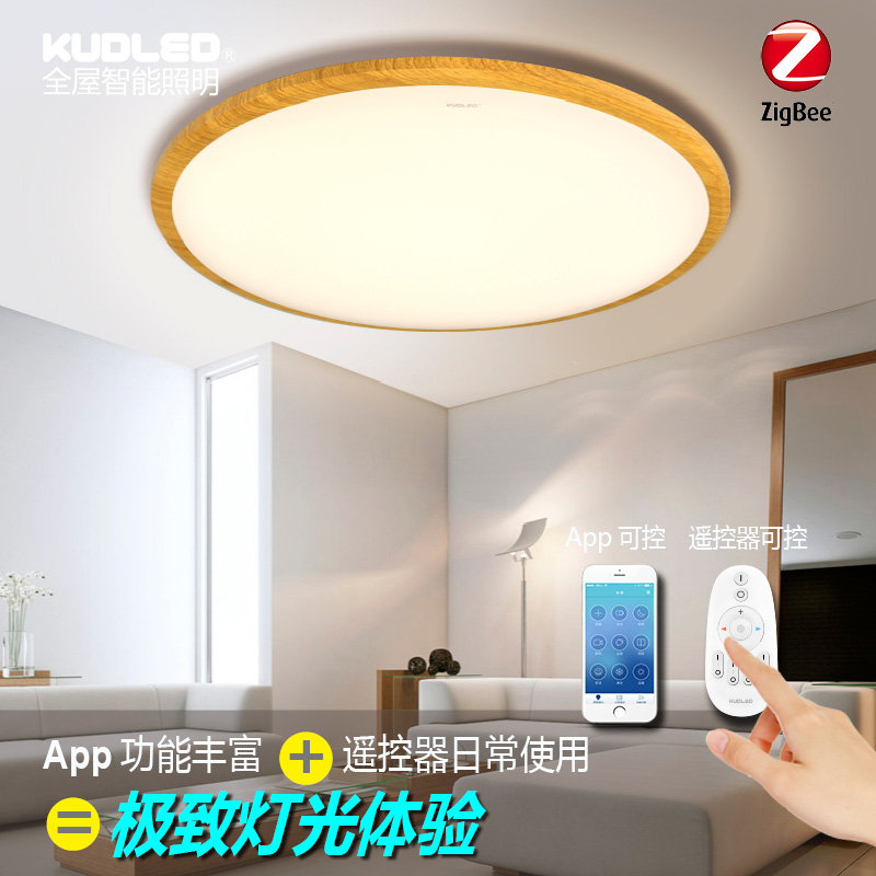 智能LED吸顶灯卧室客厅灯超薄木纹简约圆形创意无极遥控调色灯具
