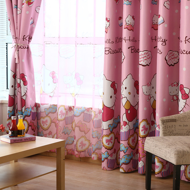 儿童粉色卡通遮光布窗帘hello kitty女孩公主房飘窗卧室定制成品