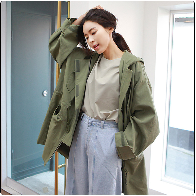 军绿色复古风格2015韩国秋季新品通勤休闲宽松中长款风衣外套女装