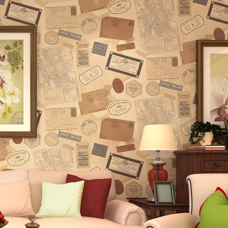 灰姑娘美式乡村复古壁纸 明信片邮票地图标墙纸 卧室客厅电视背景