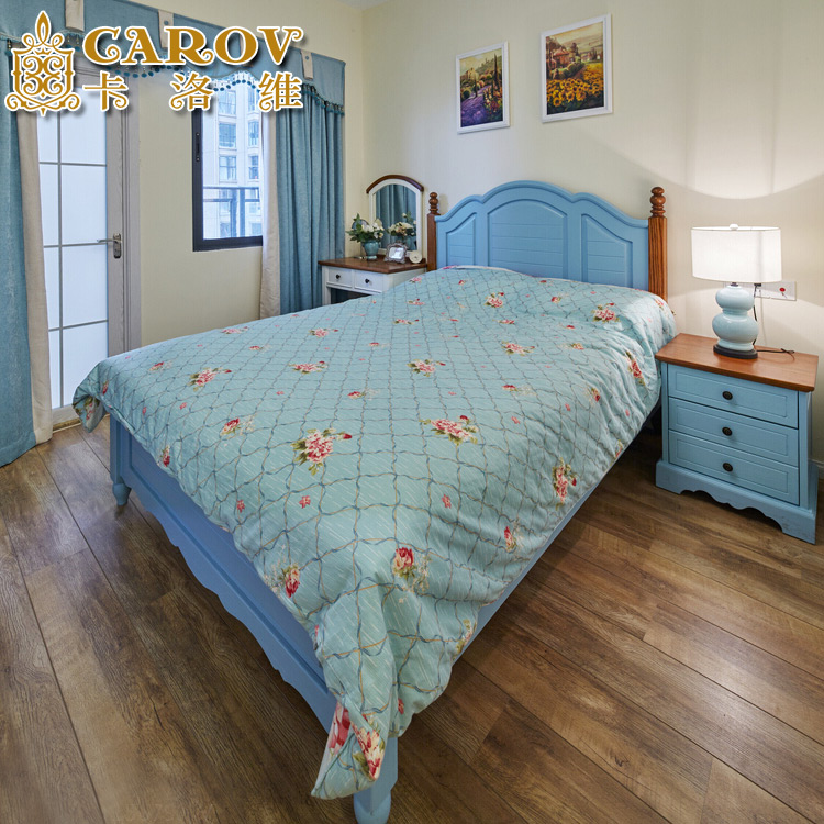 卡洛维定做全实木床地中海床1.8米1.5米双人床蓝色橡木床家具定制