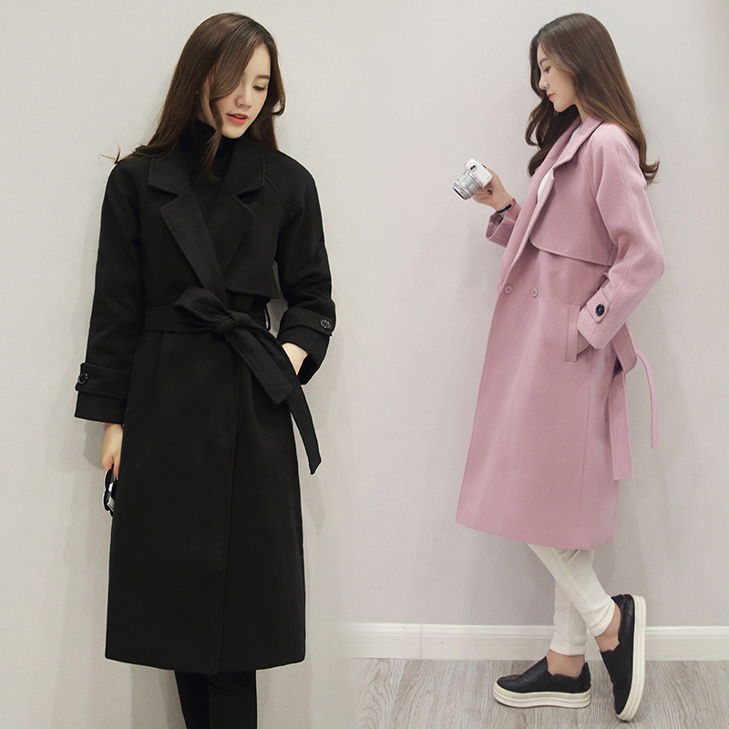 秋冬季新款韩版大码黑色毛呢外套中长款宽松加厚羊毛呢子大衣女装
