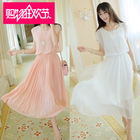 2015夏装纯色无袖波西米亚长裙韩系中长款假两件修身雪纺女连衣裙