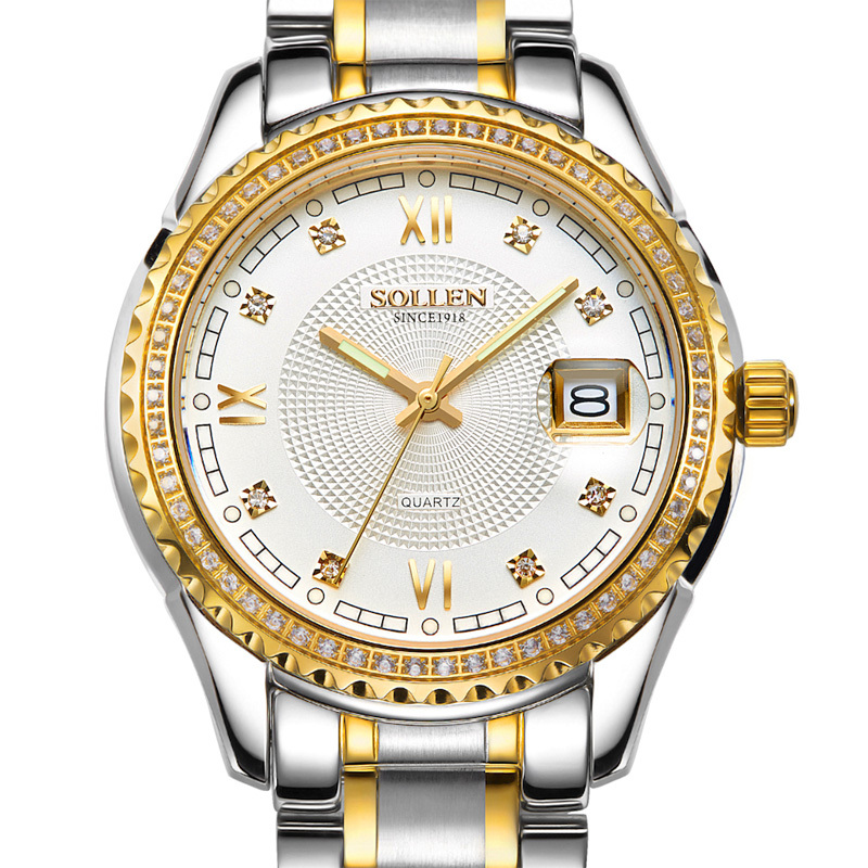 正品瑞士梭伦镶钻男士钢带手表时尚潮流石英表防水精钢非机械表
